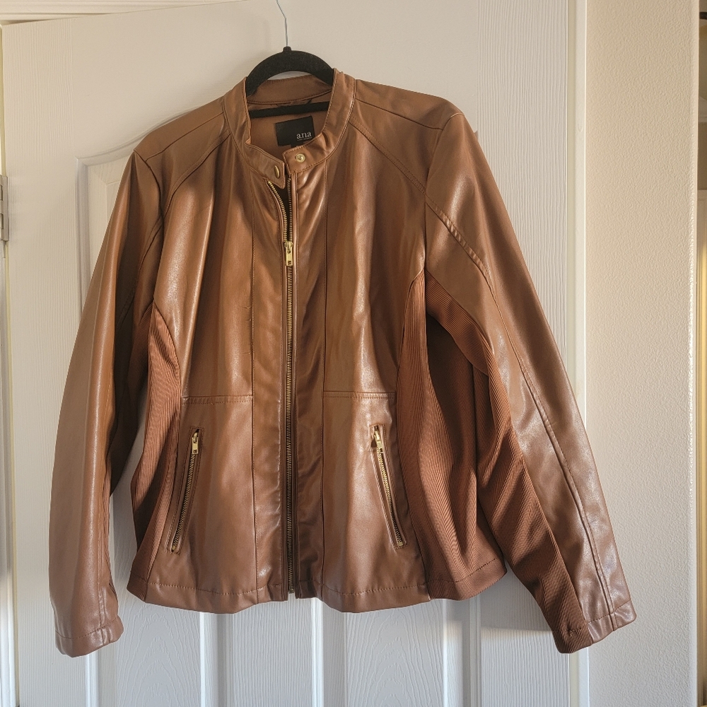 ANA Women's brown faux leather jacket size XL Stretch with pockets Like New